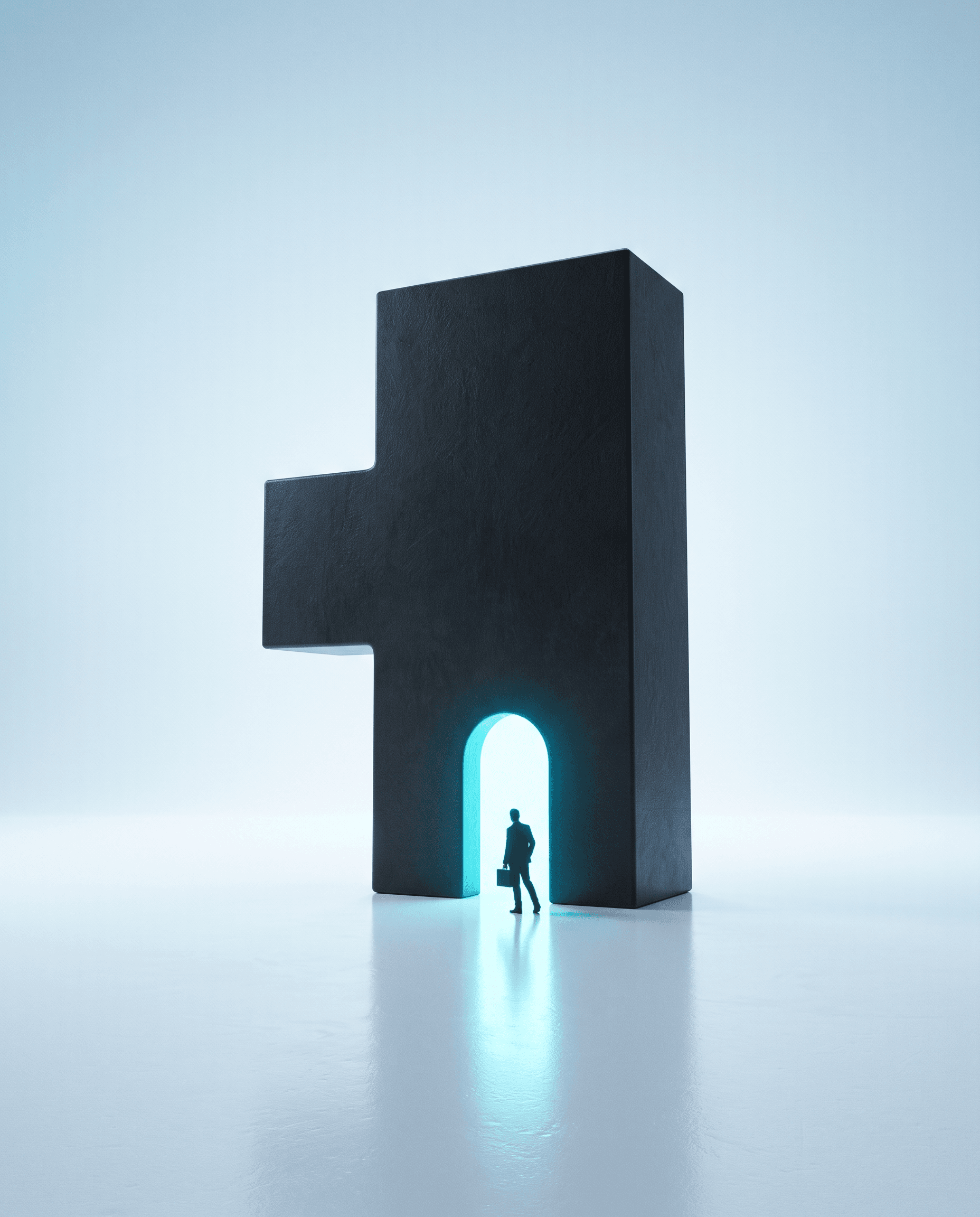 A tiny figure standing at the threshold of a glowing arched doorway