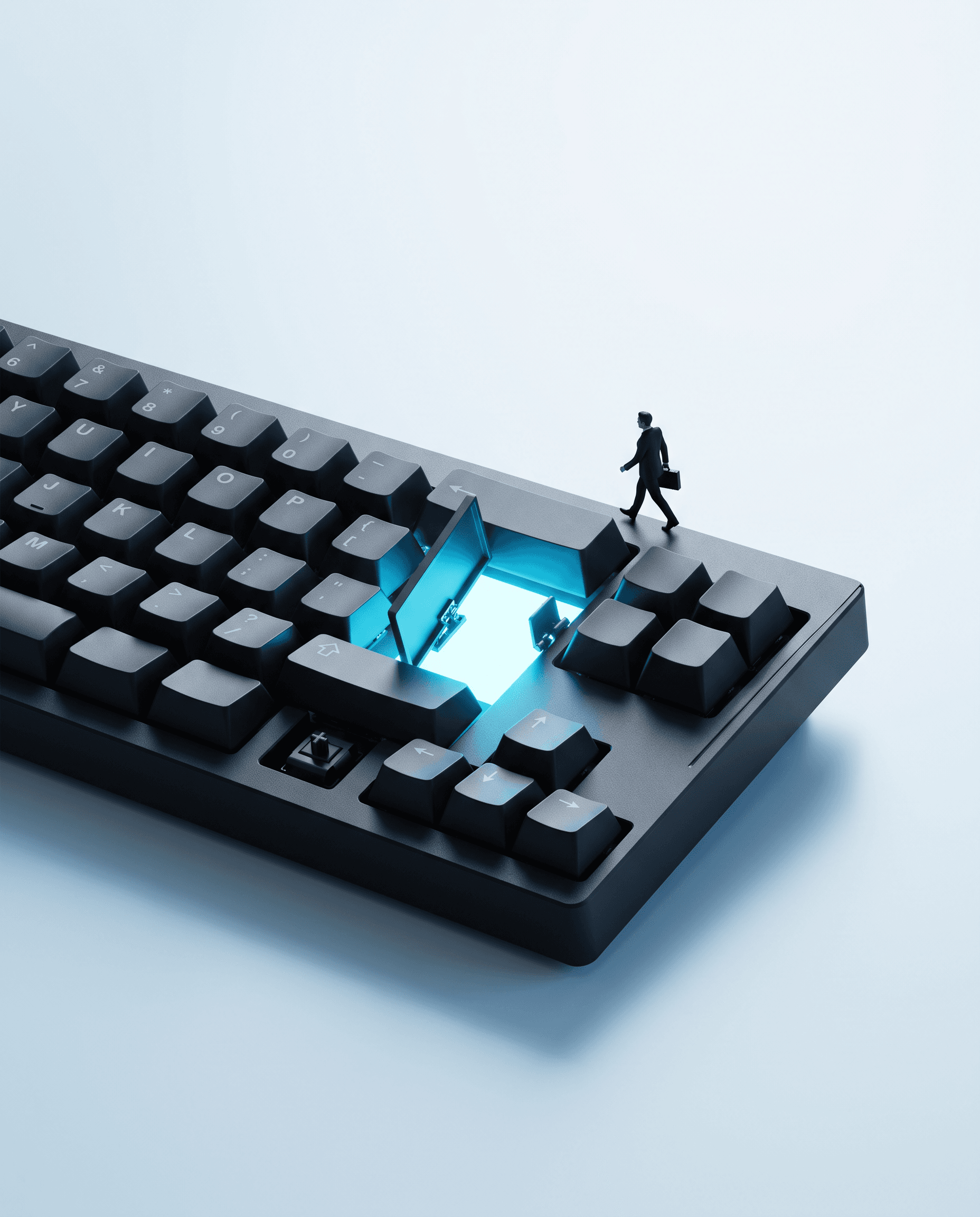 A tiny figure with a briefcase walking toward a glowing open door built into a keyboard's Enter key